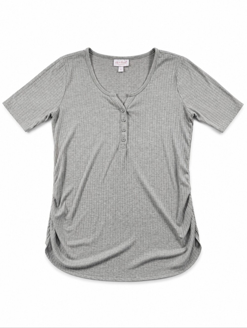 Isabel Maternity Gray Ribbed Henley Top Ruched Stretch Large